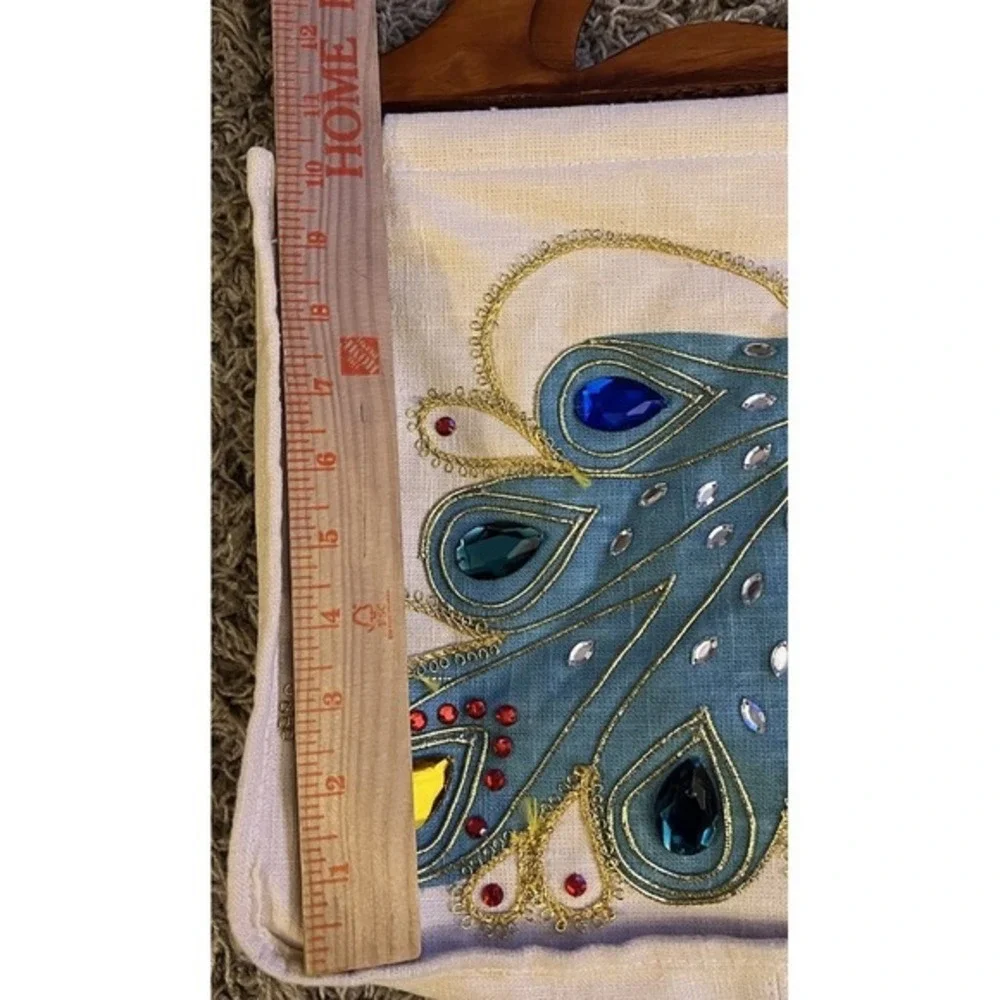 Vintage‎ Linen Peacock Wooden Handle Handbag W/Rhinestones 10"x13x3" - Picture 10 of 13